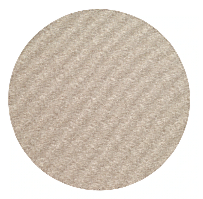 The Bodrum Pronto Round Placemat Beige Set of 4 features round, light beige textured placemats made from phthalate-free vinyl, shown against a white background.