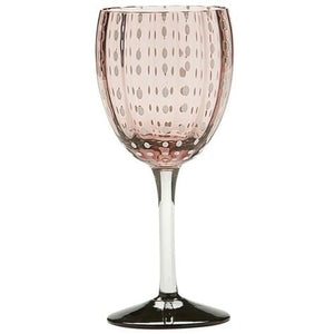 The Perle Wine Goblet Set of 2 by Zafferano features pink bowls adorned with vertical ovals and dots, clear stems, and is made in Italy.