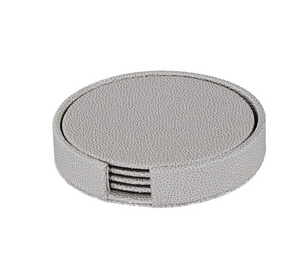 The Bodrum Skate Coaster Set of 4 features phthalate-free vinyl coasters in a round, light gray textured holder with an open slot in front to display the stacked coasters inside.