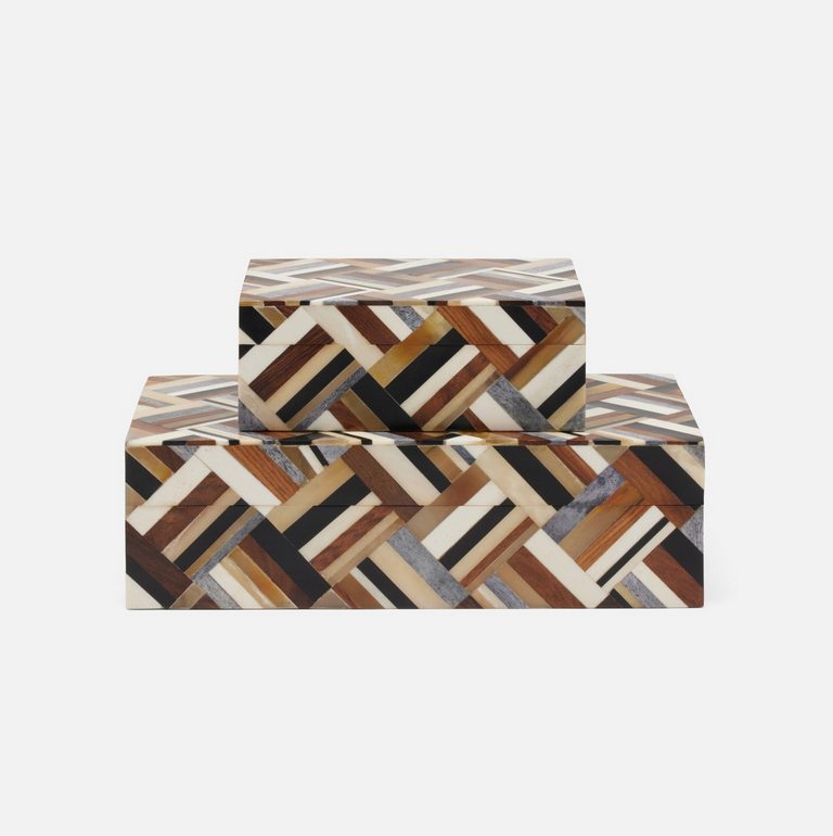 Two Hunter Horn boxes stacked on each other, both featuring a multi-colored basket-weave pattern of inlaid horn.