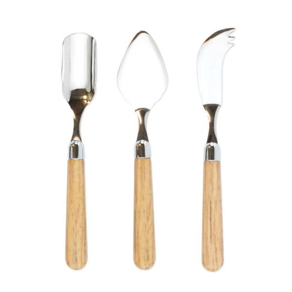 The albero cheese knife set features a stainless steel design with wood handles, colored oak. 