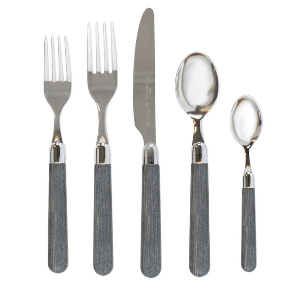Five piece flatware set in elm grey made of stainless steel. 