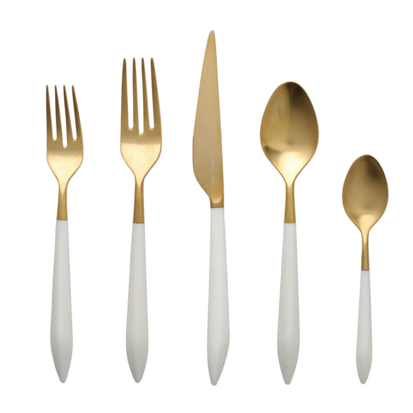 The ares oro white flatware is made of gold stainless steel and has a white handle. This is a 5 piece set.