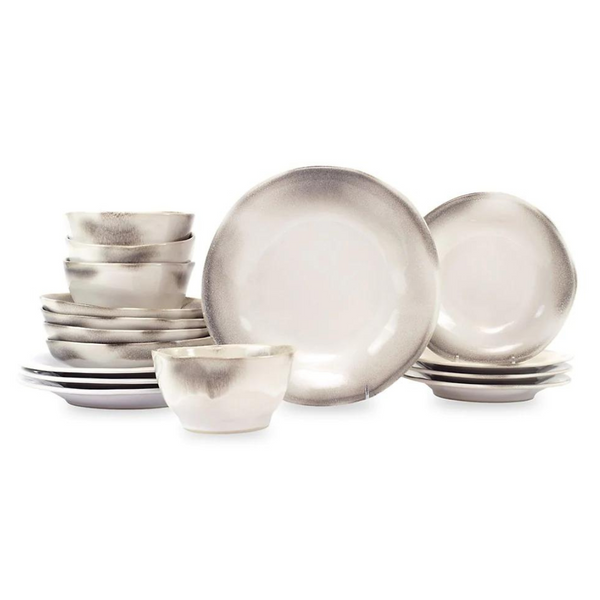 This aurora dinnerware set features stoneware made plates. 