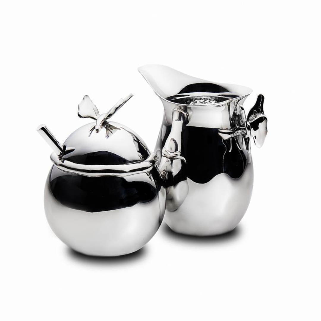Butterfly cream and sugar set made of stainless steel. 