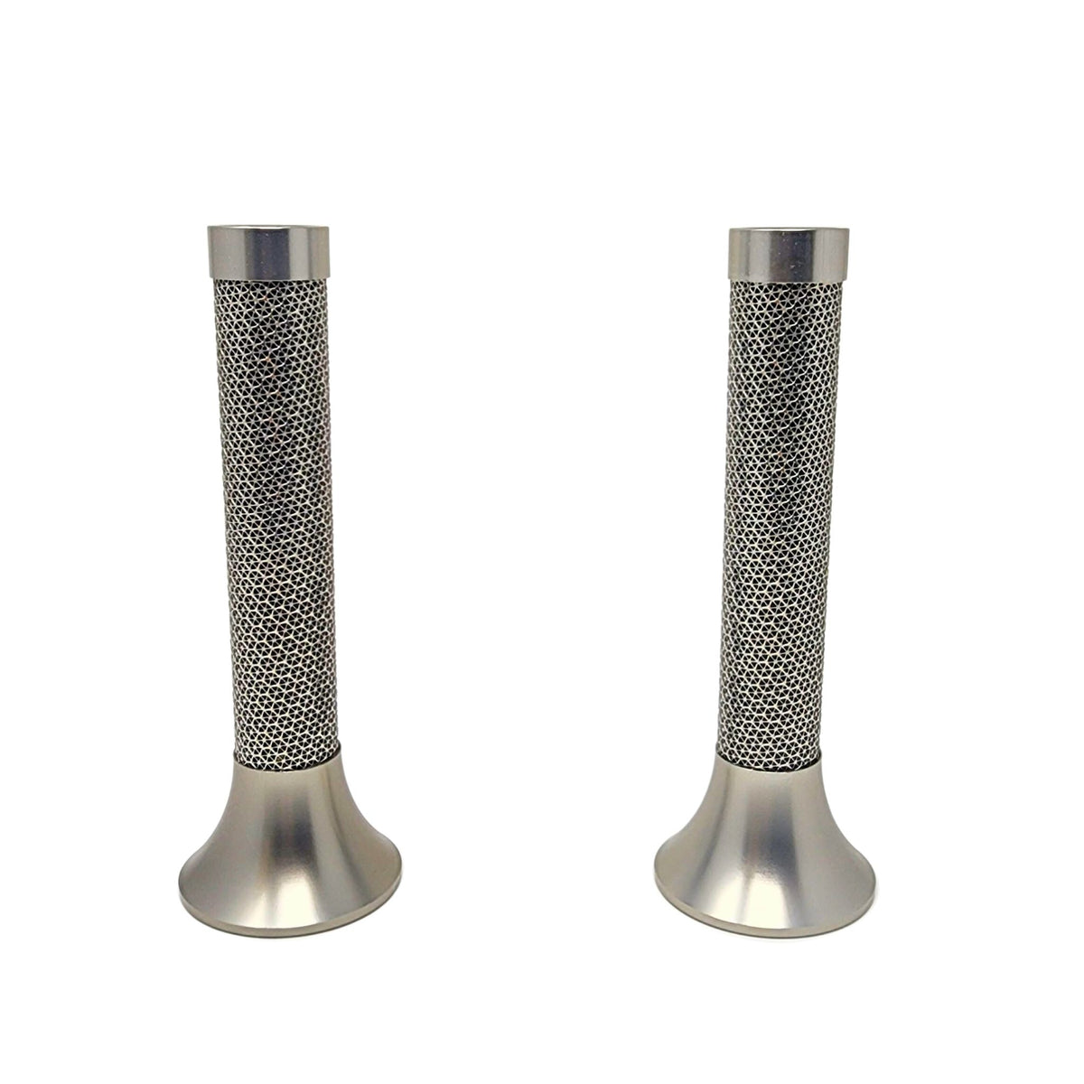 Stainless steel metal lace pattern candleholders. 