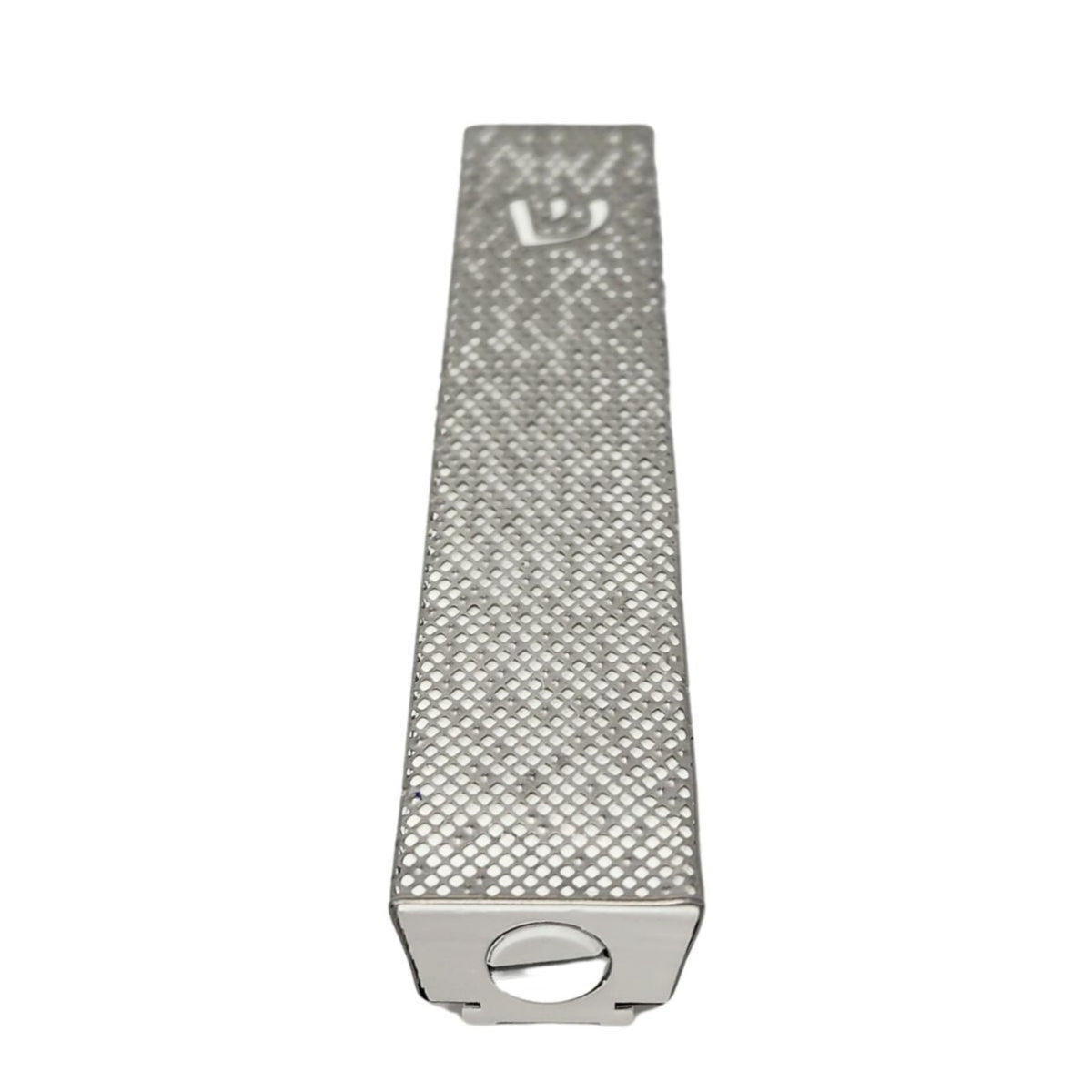 Mezuzah with Hebrew writing. Silver and white color.