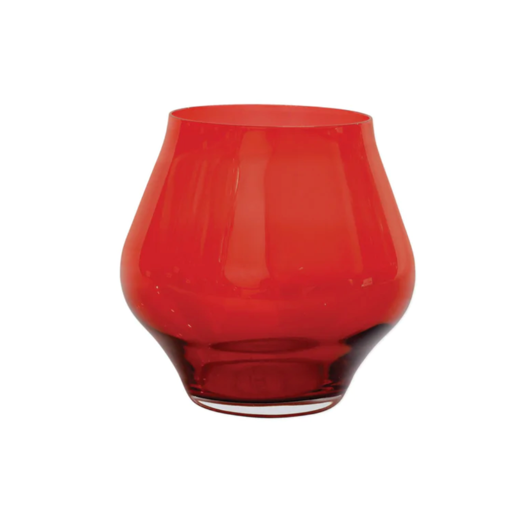 This stemless wine glass is made of red premium glass. 