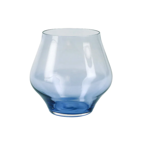 This stemless blue contessa glass has beautiful blue bottom.