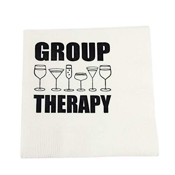 White cocktail paper napkins with the words "Group Therapy" on top. 