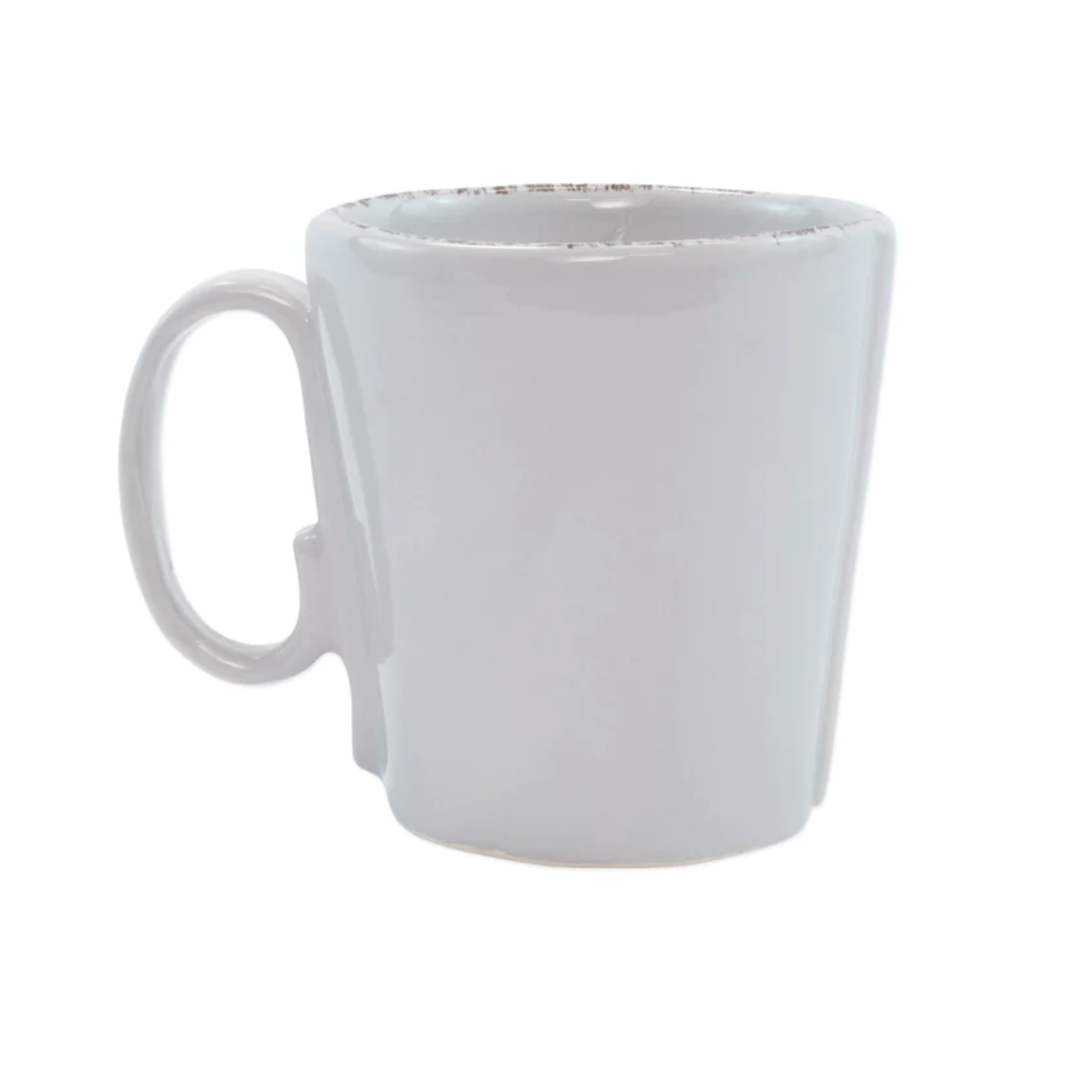 Light grey stoneware mug.