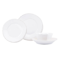 Lastra white stoneware dinnerware collection. Set has salad, and dinner plate, pasta bowl, and cereal bowl. 