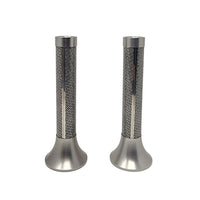 Back of stainless steel metal laced design candleholders. 