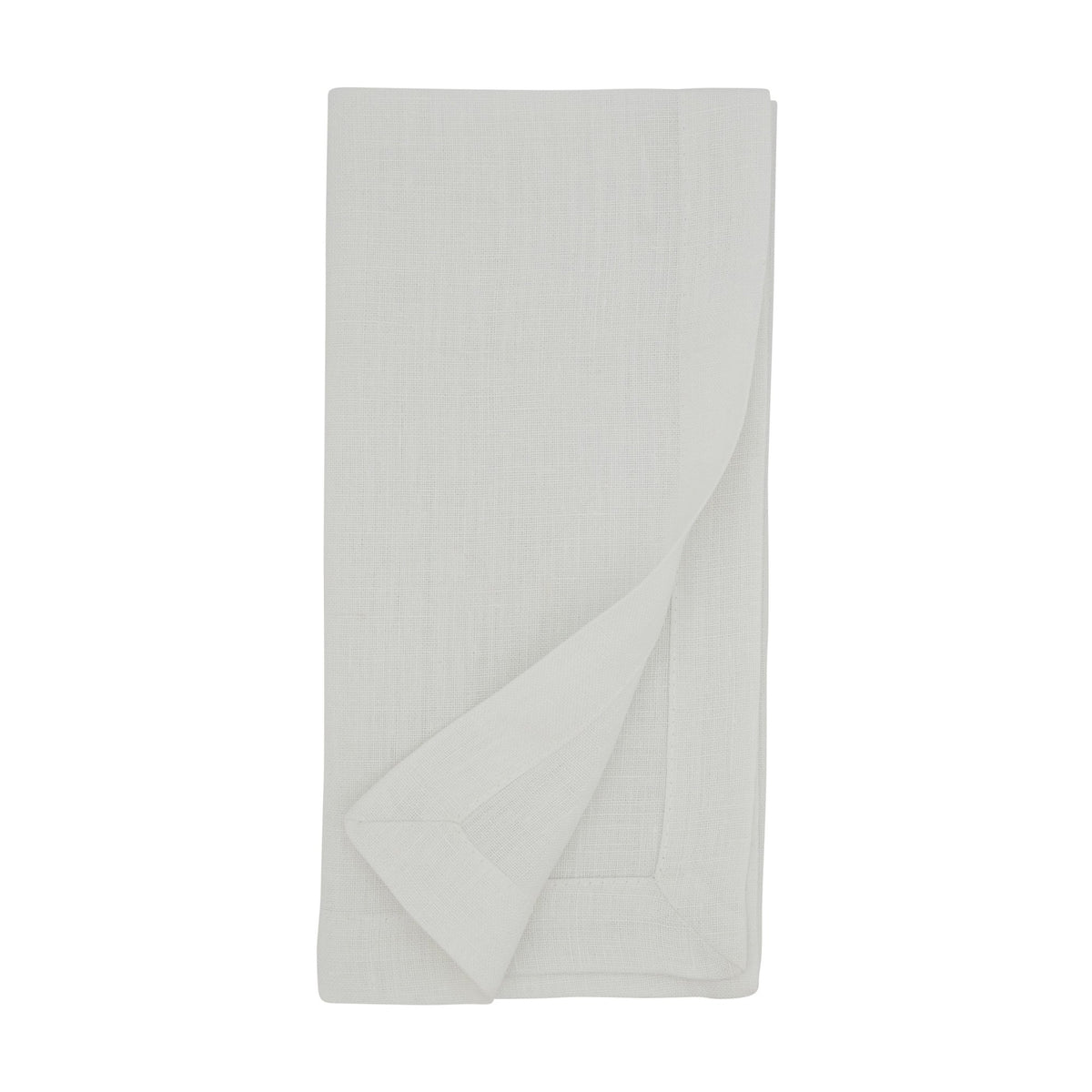 A neatly folded Simple Linen Napkin from Saro Trading is displayed on a white background, with one corner slightly turned up to reveal the hemmed edge—an elegant example from their White Set of 4 classic linen napkins.