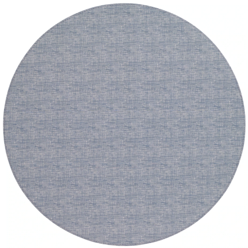 The Bodrum Pronto Placemat Round Set of 4 features light blue, textured, phthalate-free vinyl placemats with a subtle woven pattern. Durable and easy to clean, they're displayed on a white background.