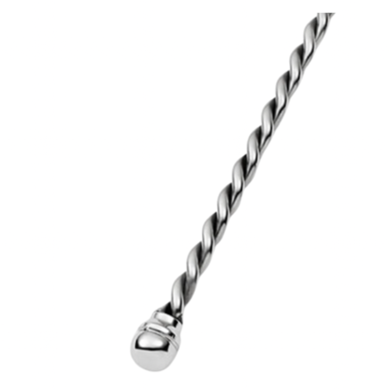 A close-up of the Mary Jurek Paloma Vegetable Spoon reveals its elegant braided handle and rounded end, set against a white background. Its sophisticated stainless steel design makes it a refined addition to any barware or serveware collection.