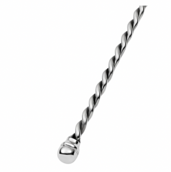 A close-up of the Mary Jurek Paloma Vegetable Spoon reveals its elegant braided handle and rounded end, set against a white background. Its sophisticated stainless steel design makes it a refined addition to any barware or serveware collection.