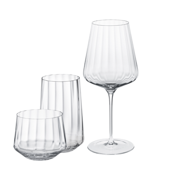 The Georg Jensen Bernadotte Glassware Set of 6 features clear, ribbed glasses in Scandinavian design—including short, tall, and stemmed styles—all elegantly displayed against a white background.