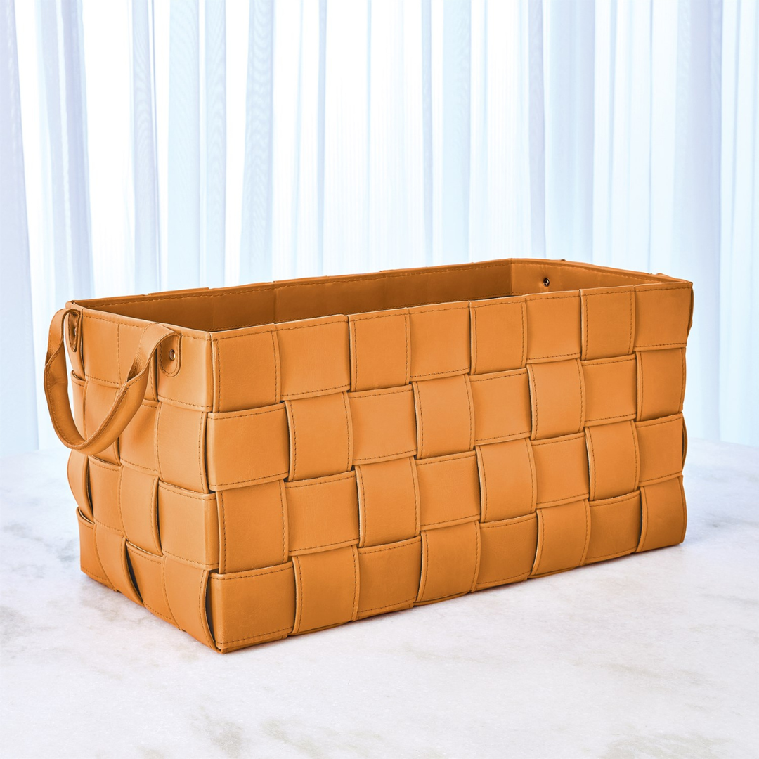 Woven leather orange basket. 
