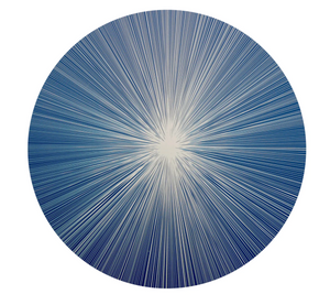 The Lines Shadow Placemat Set of 4 by Tisch New York features a modern starburst design with blue and white lines radiating from a bright center to deep blue edges.