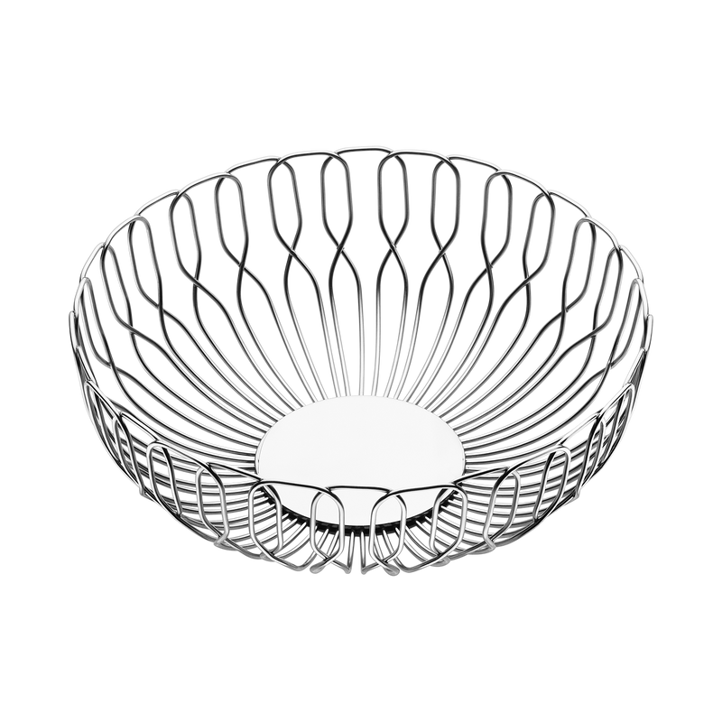 The Georg Jensen Alfredo Bread Basket Large features a modern, open stainless steel wire design and solid circular base—ideal for serving bread at dinner parties. Shown empty against a black background.