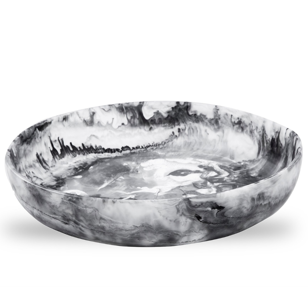 Large black swirl resin round bowl.
