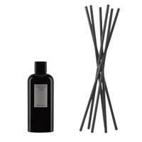 Reed diffuser oil refill with Blackstone fragrance in a 300 ml glass bottle and 6 diffuser wands.