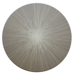 A circular artwork with thin, radiating lines in neutral tones evokes a starburst effect—perfectly reminiscent of our Tisch New York Lines Shadow Placemat Set of 4.