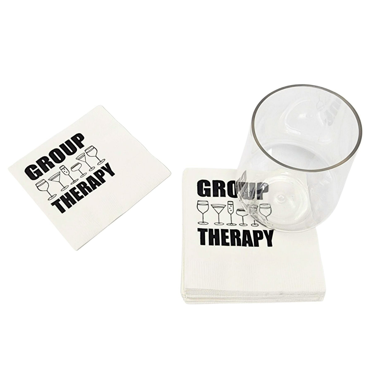 Paper cocktail napkins with the words "group therapy" with drawings of various glasses on top. 