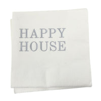 Happy House white cocktail napkins with silver font. 