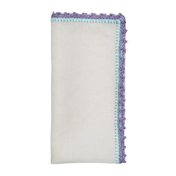 Knotted edge napkin in white, lilac and blue. 