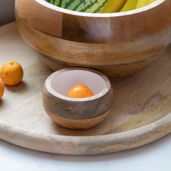 Mango wood enamel dip bowl.