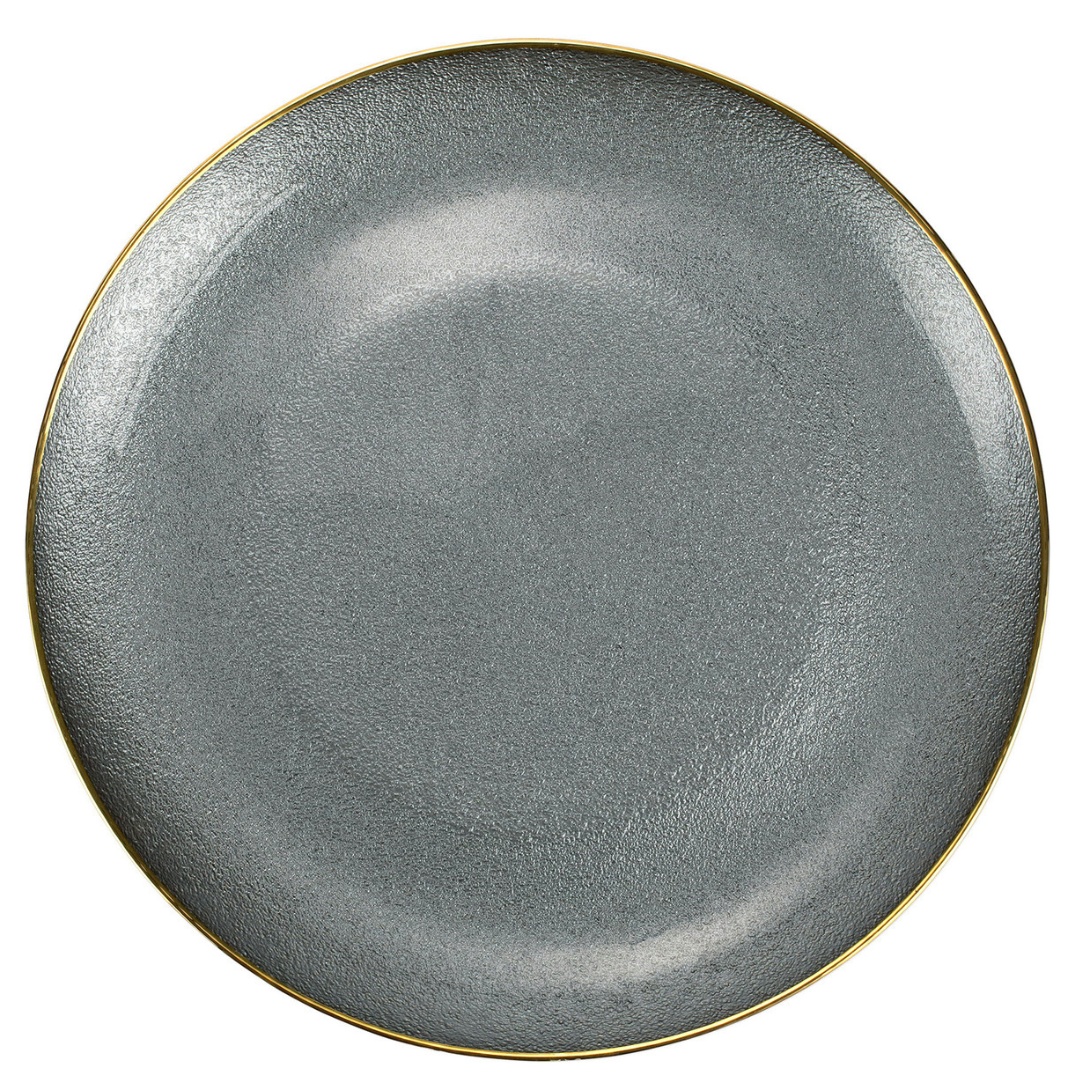 Metallic glass platter in slate color. 