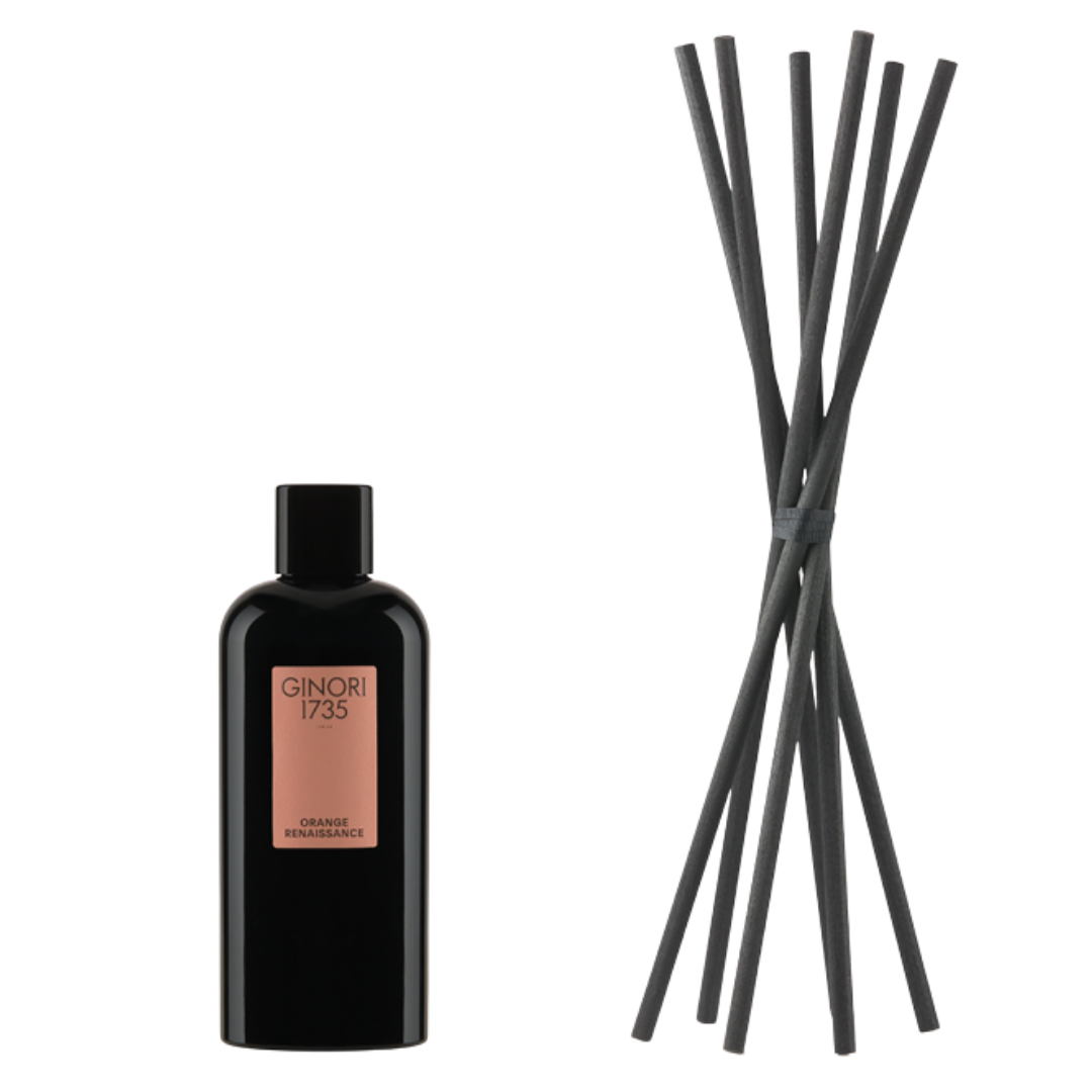 Reed diffuser oil refill with Orange Renaissance fragrance in a 300 ml glass bottle and 6 diffuser wands.
