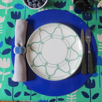 Patent leather blue side placemats. 