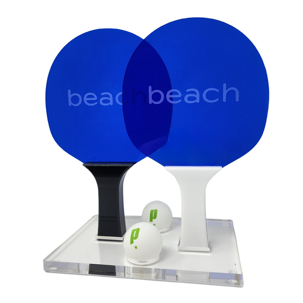 Beach ping pong set with acrylic blue paddles. 