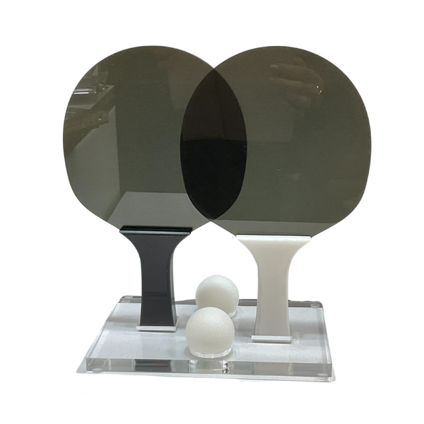 Ping pong set with acrylic stand and acrylic paddles. 
