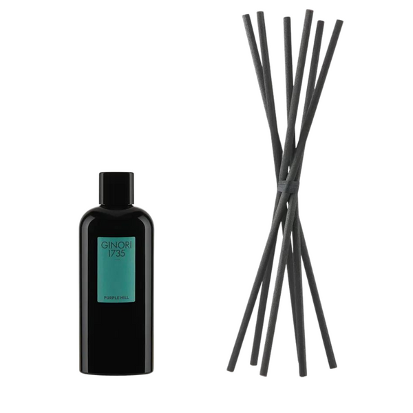 Reed diffuser oil refill with Purple Hill fragrance in a 300 ml glass bottle and 6 diffuser wands.