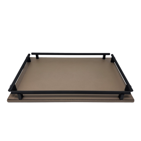 Rectangular leather tray in Earth color with black handles.