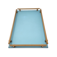 Sky blue Robert Rectangular tray with gold handles in medium size. 