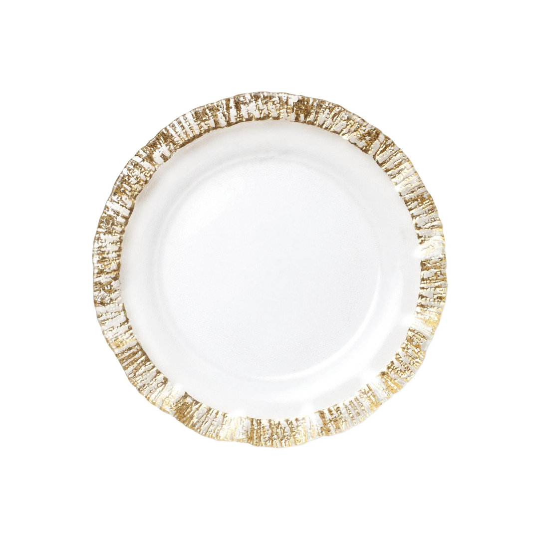 The rufolo glass charger is made of gold textured strands. 