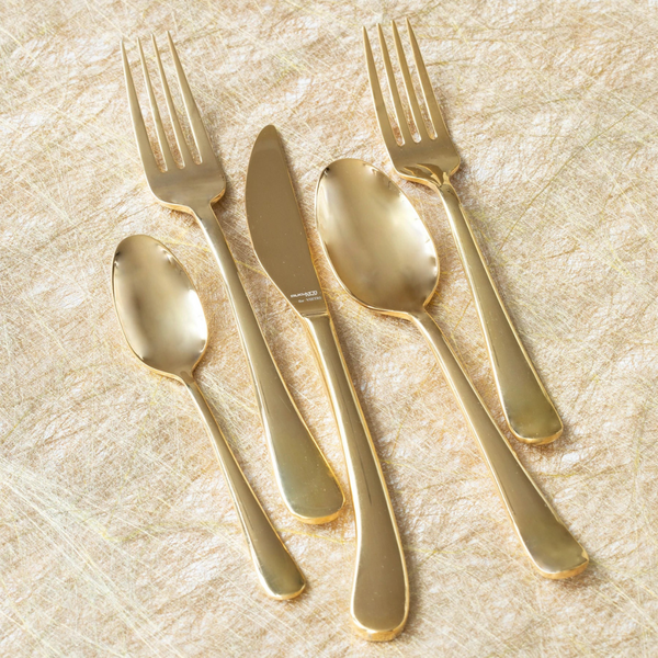 5-piece gold flatware set made of stainless steel. Includes spoon, soup spoon, dinner fork, salad fork, and knife. 