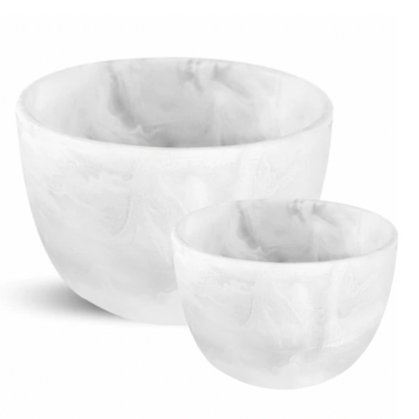 Small and medium white swirl resin deep bowl.
