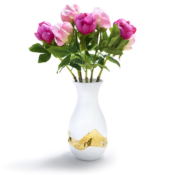 This large white vase is made of ceramic and has a hand painted gold geometric shape in the middle. 